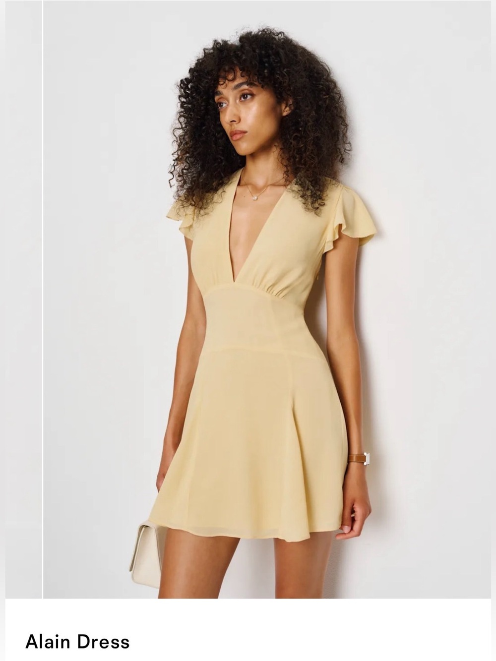 Reformation, Butter Yellow, V-Neck Flutter Mini Dress Size 2, NEW